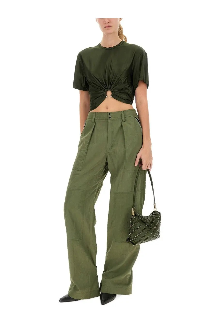 Olive green woven handbag with textured interlaced pattern and gold tone hardware displayed with rabanne women’s cargo pants green