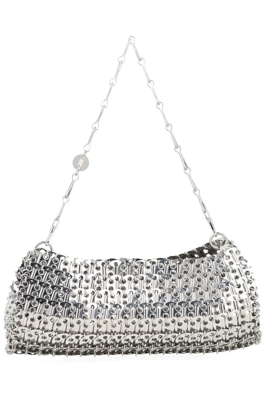 Rabanne women’s clutch silver silver chain-link handbag with textured surface made from interlocking metal pieces