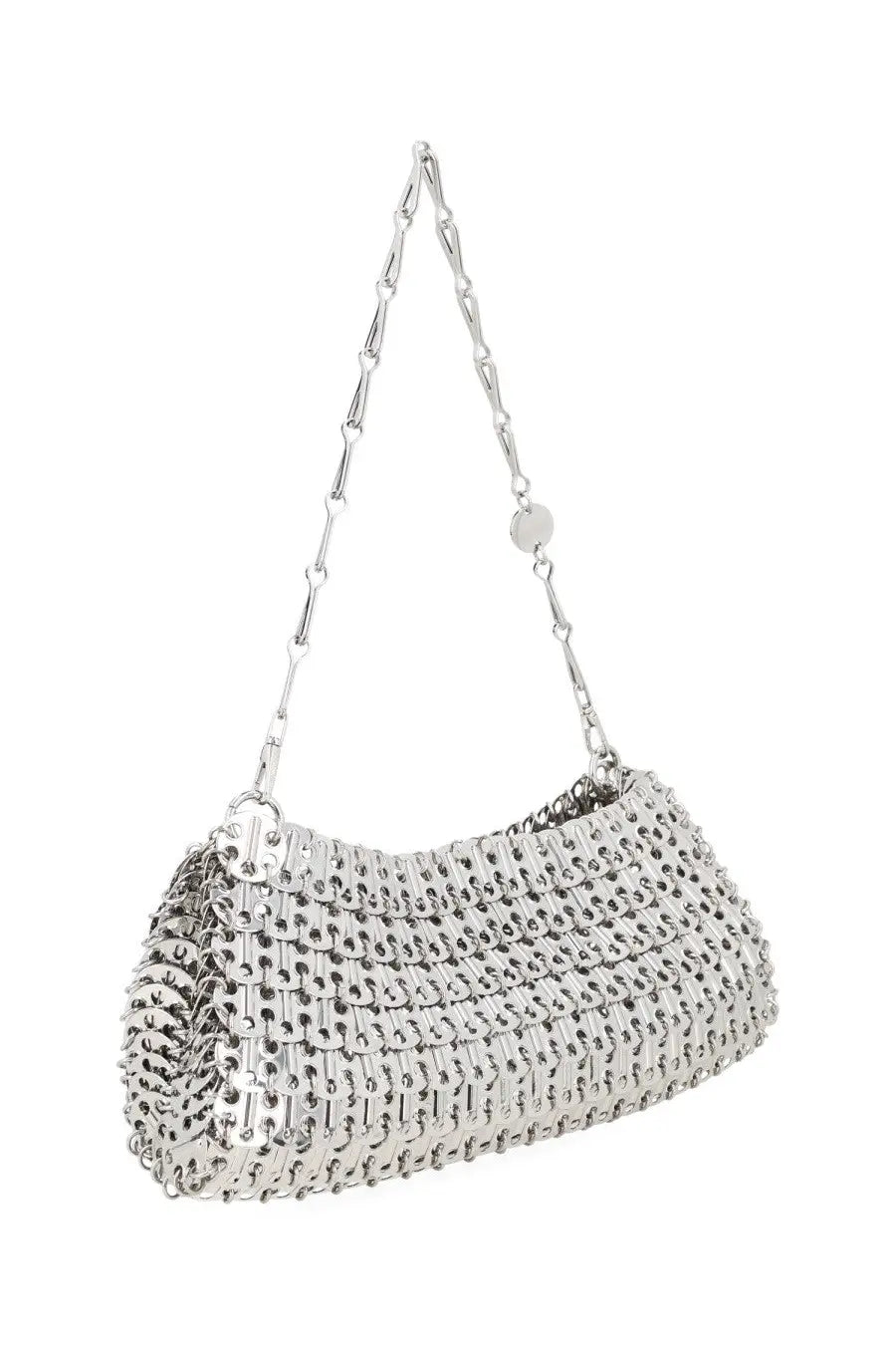 Rabanne women’s clutch silver metallic chain-link handbag with sleek modern design and adjustable shoulder strap