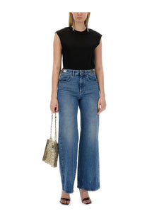 Blue denim high-waisted wide-leg jeans with classic five-pocket design and silver-toned hardware
