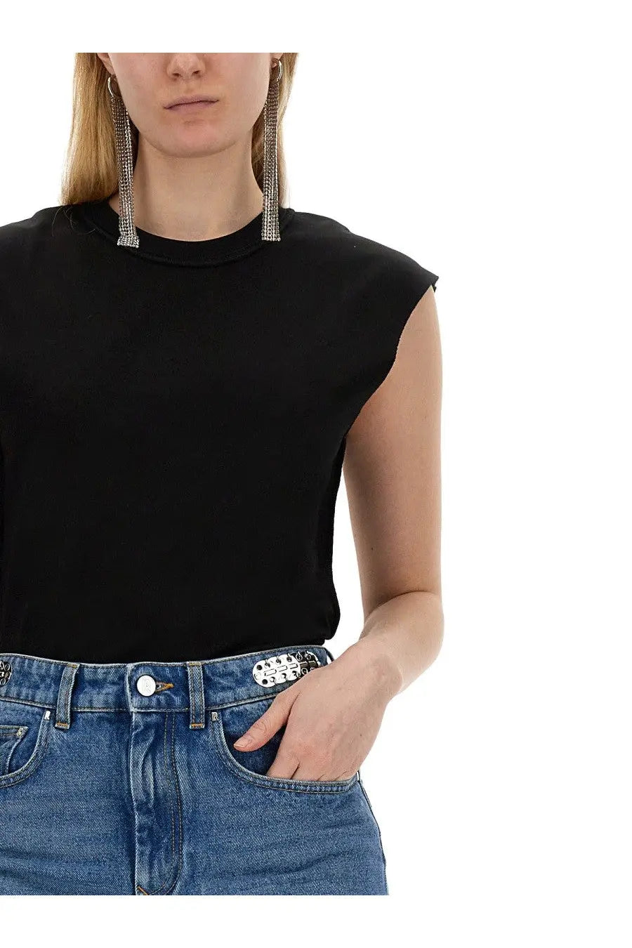 Black sleeveless cotton shirt with round neckline and subtle texture by rabanne women