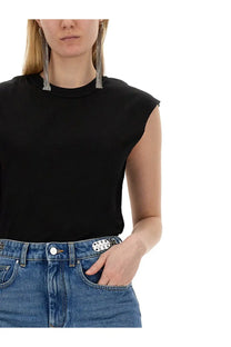 Black sleeveless cotton shirt with round neckline and subtle texture by rabanne women