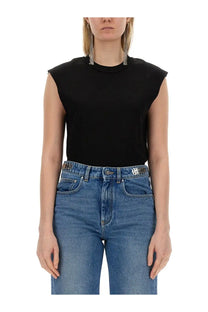 Black sleeveless cotton top with rounded neckline and subtle texture from rabanne women’s shirt collection