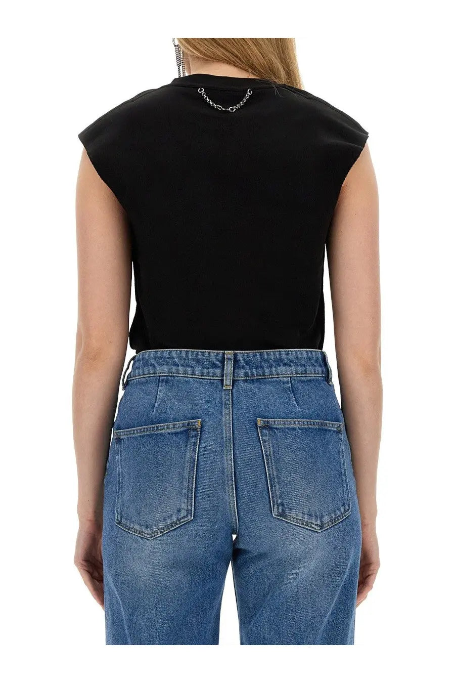 Rabanne women’s black cotton sleeveless top with subtle chain detail at the neckline