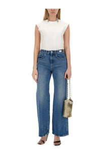 Blue denim high-waisted wide-leg jeans with classic five-pocket design and silver-toned button closure