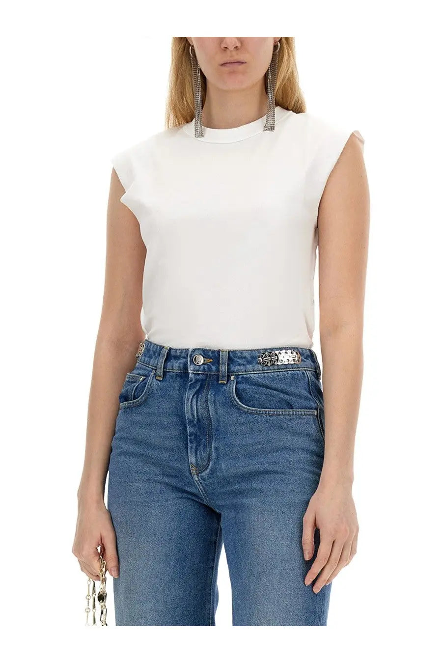 Rabanne women’s white cotton sleeveless top with rounded neckline and subtle ruffled shoulder detail