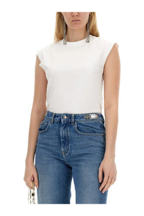 Rabanne women’s white cotton sleeveless top with rounded neckline and subtle ruffled shoulder detail