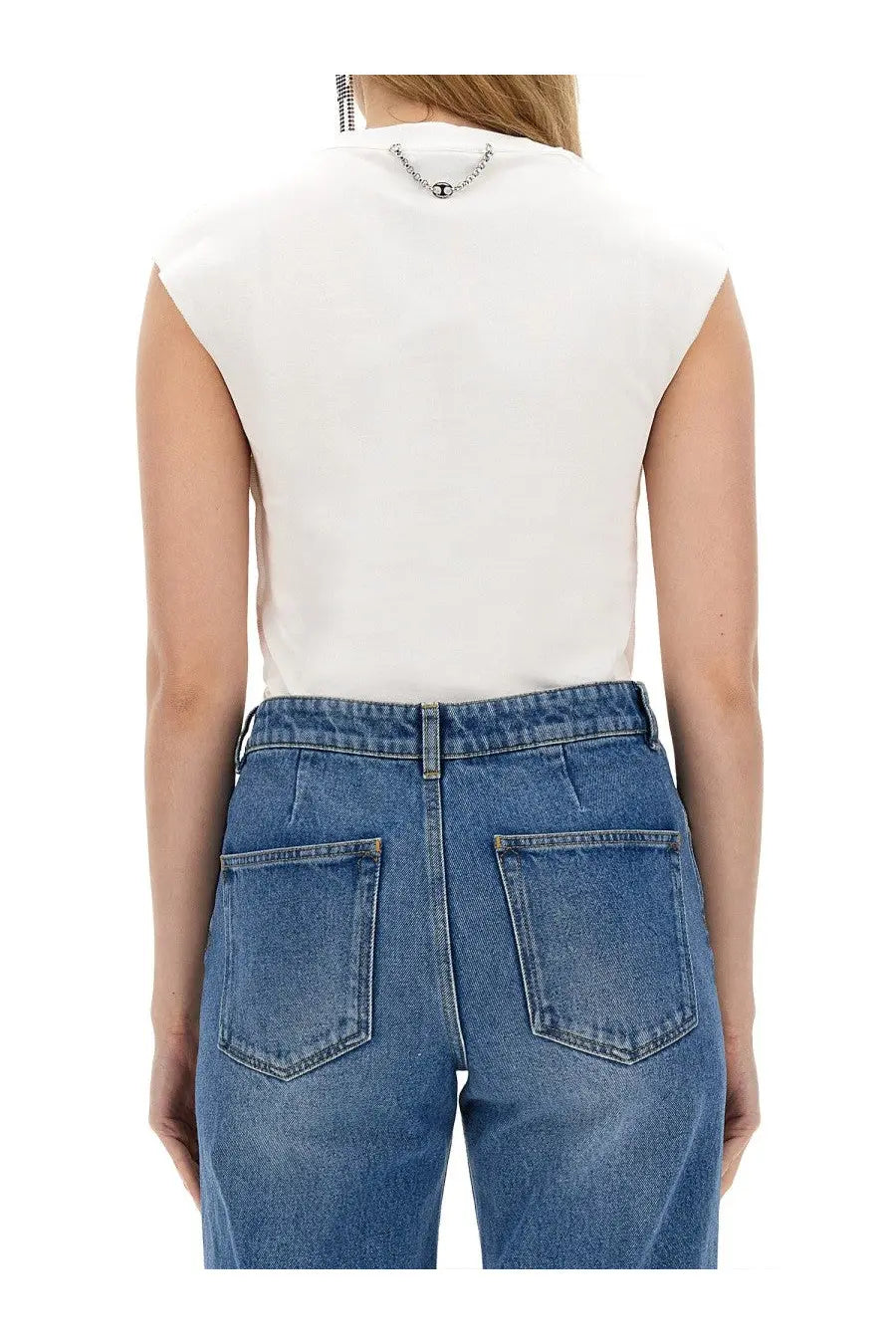Rabanne women’s white cotton sleeveless top with subtle textured finish and small metallic logo at the neckline