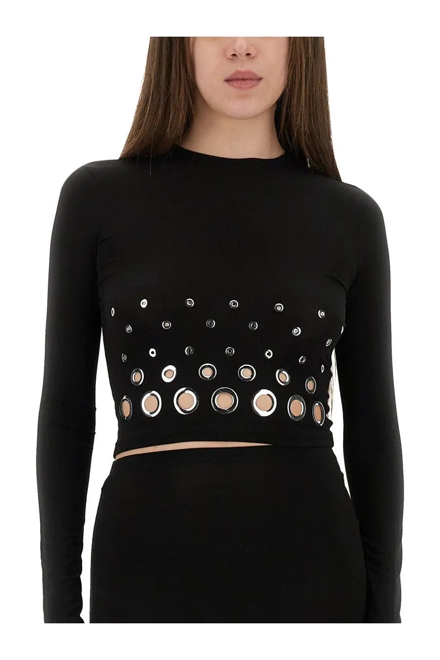 Rabanne women’s black long-sleeved cropped top with high neckline and silver eyelets in rows across the torso