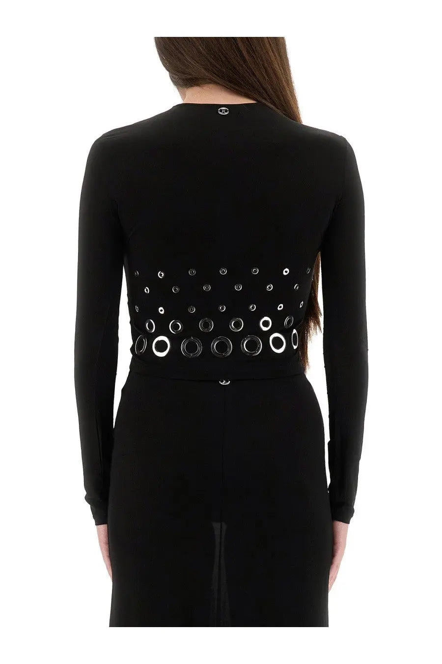 Back of rabanne womens cropped top black showing fitted silhouette with silver toned circular eyelet band across back