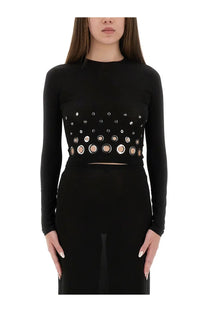 Rabanne women’s black cropped top with fitted silhouette and decorative circular cutouts across the midsection
