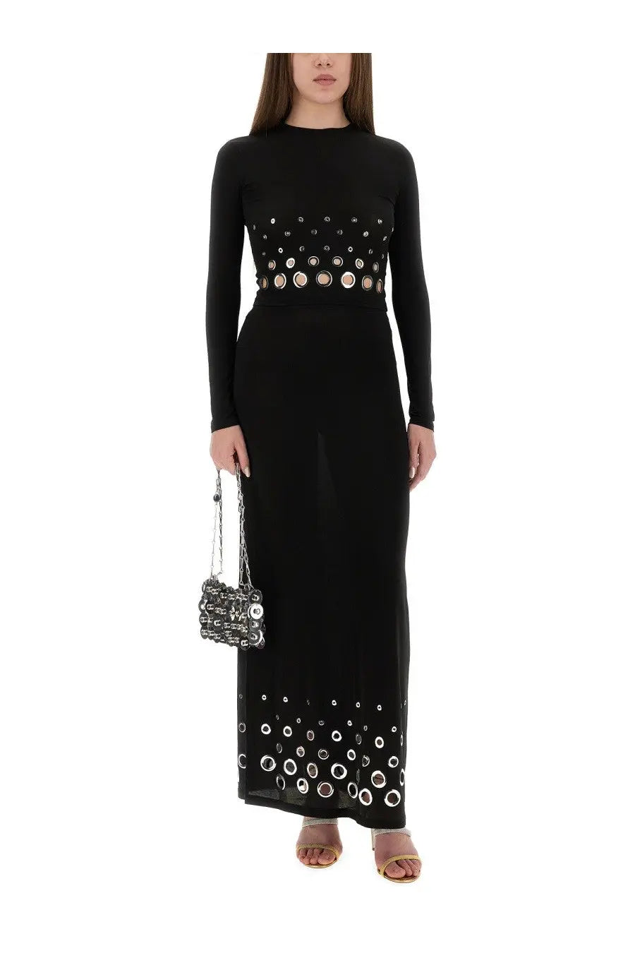 Rabanne women’s black long-sleeved maxi dress with silver circular embellishments on bodice and hemline