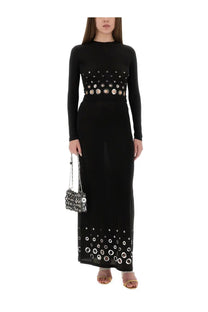 Rabanne women’s black long-sleeved maxi dress with silver circular embellishments on bodice and hemline
