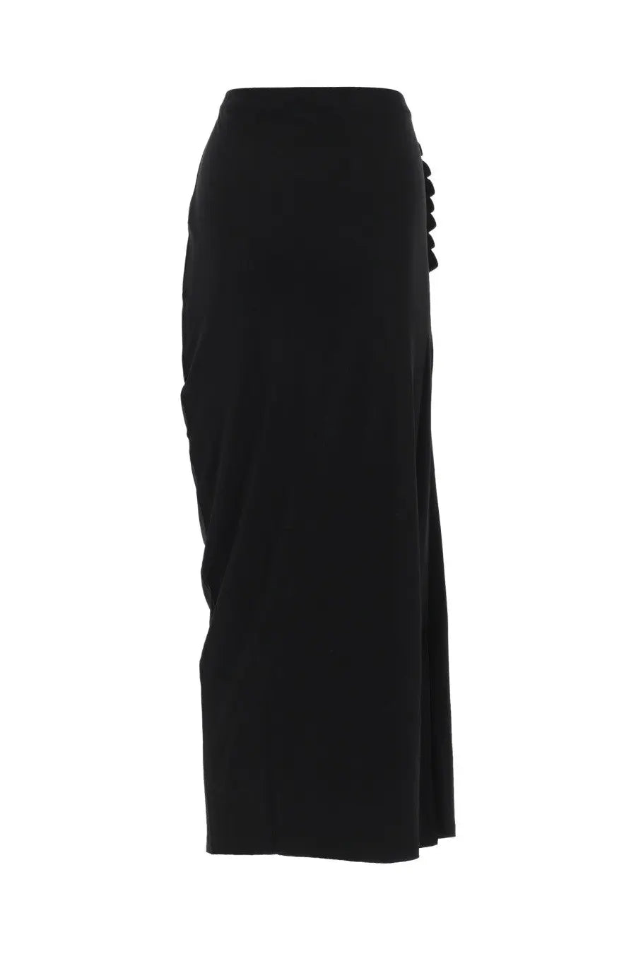 Rabanne women’s black high-waisted midi skirt with side slit and decorative button detailing front view