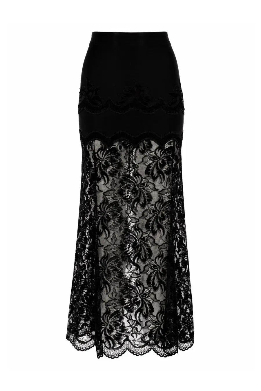 Rabanne women’s black lace midi skirt with floral embroidery and scalloped hem in pizzo fabric
