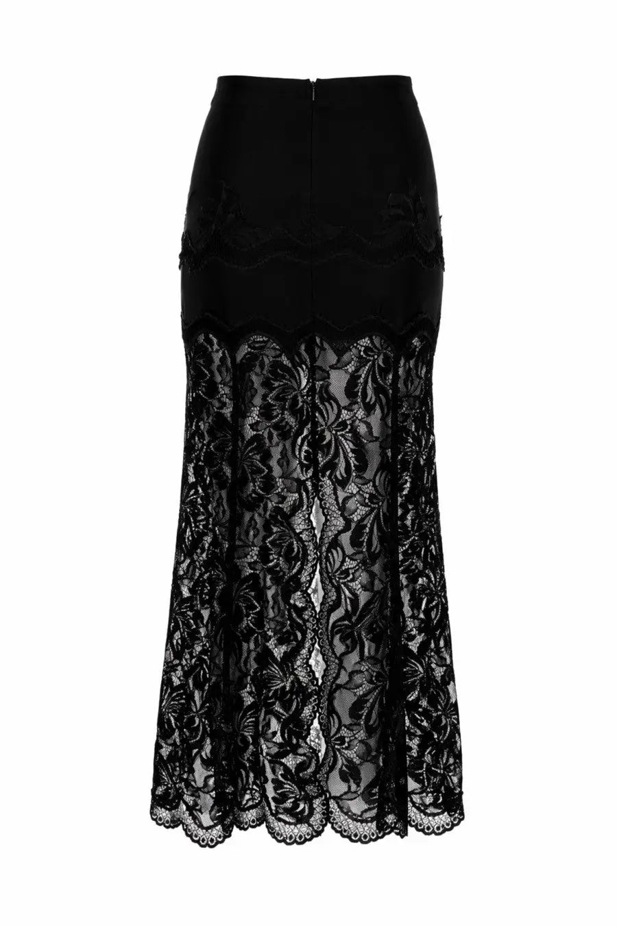 Rabanne women’s gonna midi in pizzo black featuring a black lace midi skirt with floral patterns and satin waistband