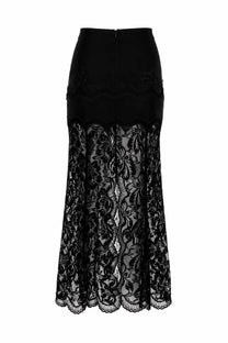 Rabanne women’s gonna midi in pizzo black featuring a black lace midi skirt with floral patterns and satin waistband