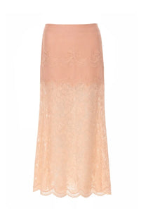 Rabanne women’s gonna midi in pizzo blue is a delicate peach lace midi skirt with gradient effect and scalloped hem