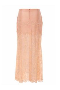 Rabanne women’s gonna midi in pizzo blue featuring a delicate peach-colored lace midi skirt with floral pattern and scalloped hem