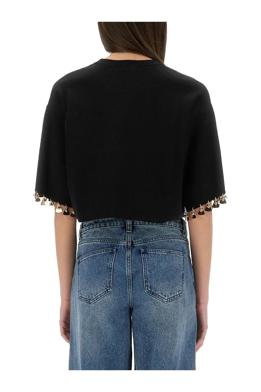Rabanne women’s black knit cropped top with bell-shaped metallic trim along the sleeves