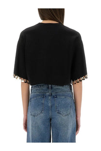 Rabanne women’s black knit cropped top with bell-shaped metallic trim along the sleeves