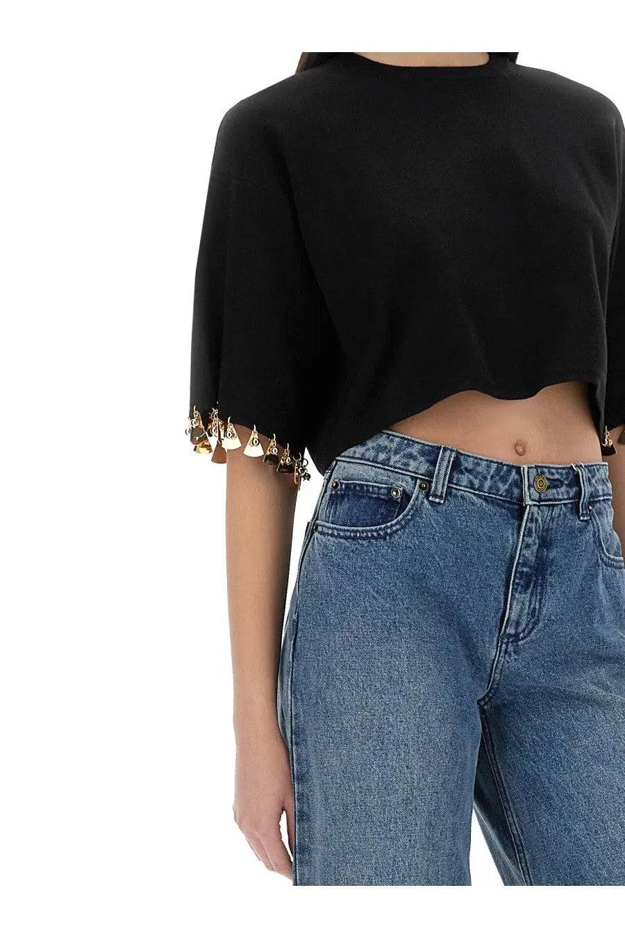 Rabanne women’s black knit crop shirt with gold-toned bell-shaped tassels on the cuffs