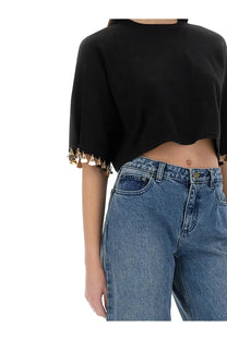 Rabanne women’s black knit crop shirt with gold-toned bell-shaped tassels on the cuffs