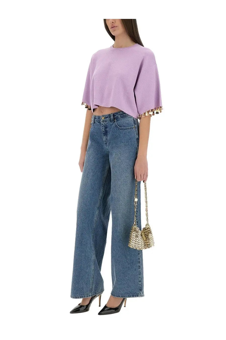 Gold chain-strap mini bag with textured metallic mesh body paired with rabanne womens purple knit crop shirt