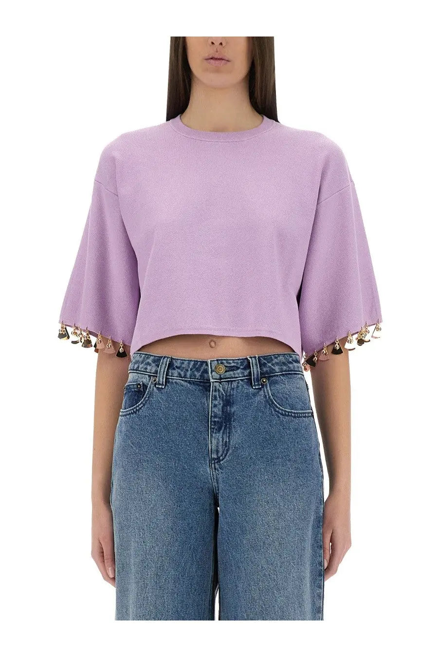 Rabanne womens purple knit crop shirt with lavender bell sleeves and metallic tassel details