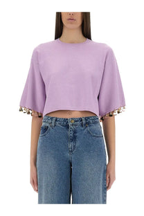 Rabanne womens purple knit crop shirt with lavender bell sleeves and metallic tassel details