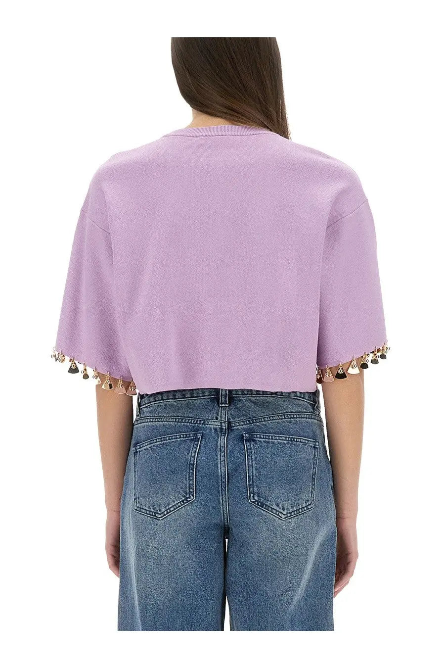 Rabanne women’s knit crop shirt purple featuring a lavender sweater with short sleeves and gold and black tassels at cuffs