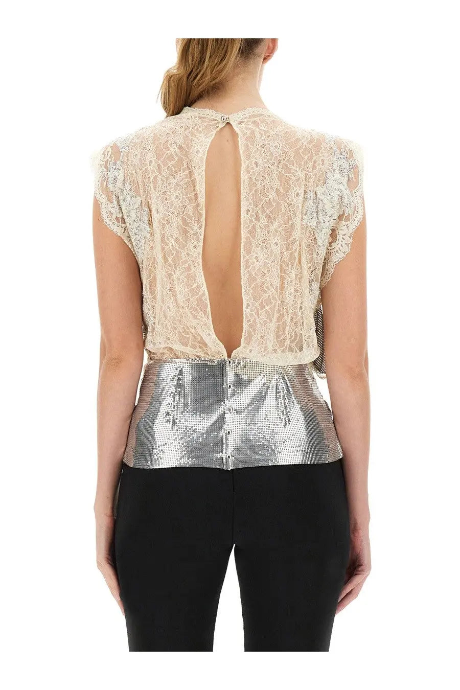 Rabanne womens cream lace top with backless design short flutter sleeves and silver sequined belt detailing