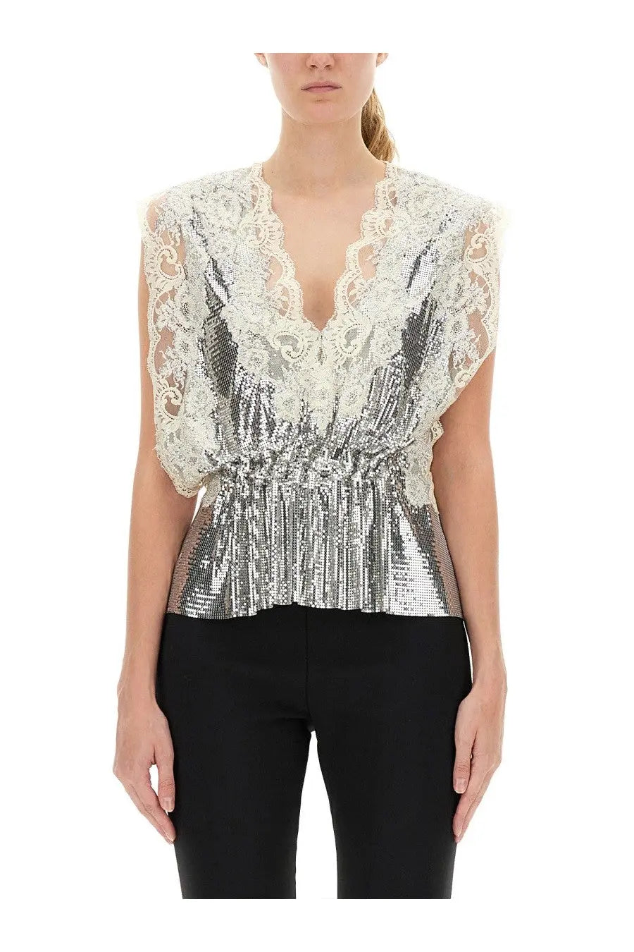 Rabanne women’s silver sequin top with white lace detailing and a flared peplum hem
