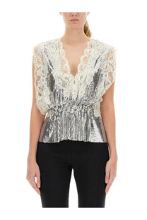 Rabanne women’s silver sequin top with white lace detailing and a flared peplum hem