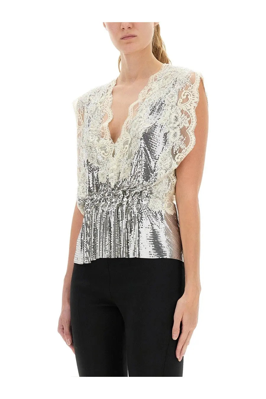Rabanne women’s silver sequin top with delicate white lace trim and flared peplum hem in shimmering fabric
