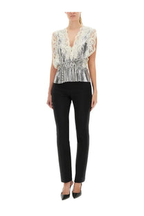Rabanne womens silver lace and sequin top with sleeveless v neck and intricate white lace detailing at shoulders and bodice