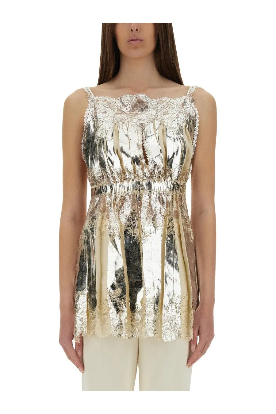 Rabanne women’s laminated pleated satin top in metallic gold and silver with delicate lace trim along the neckline