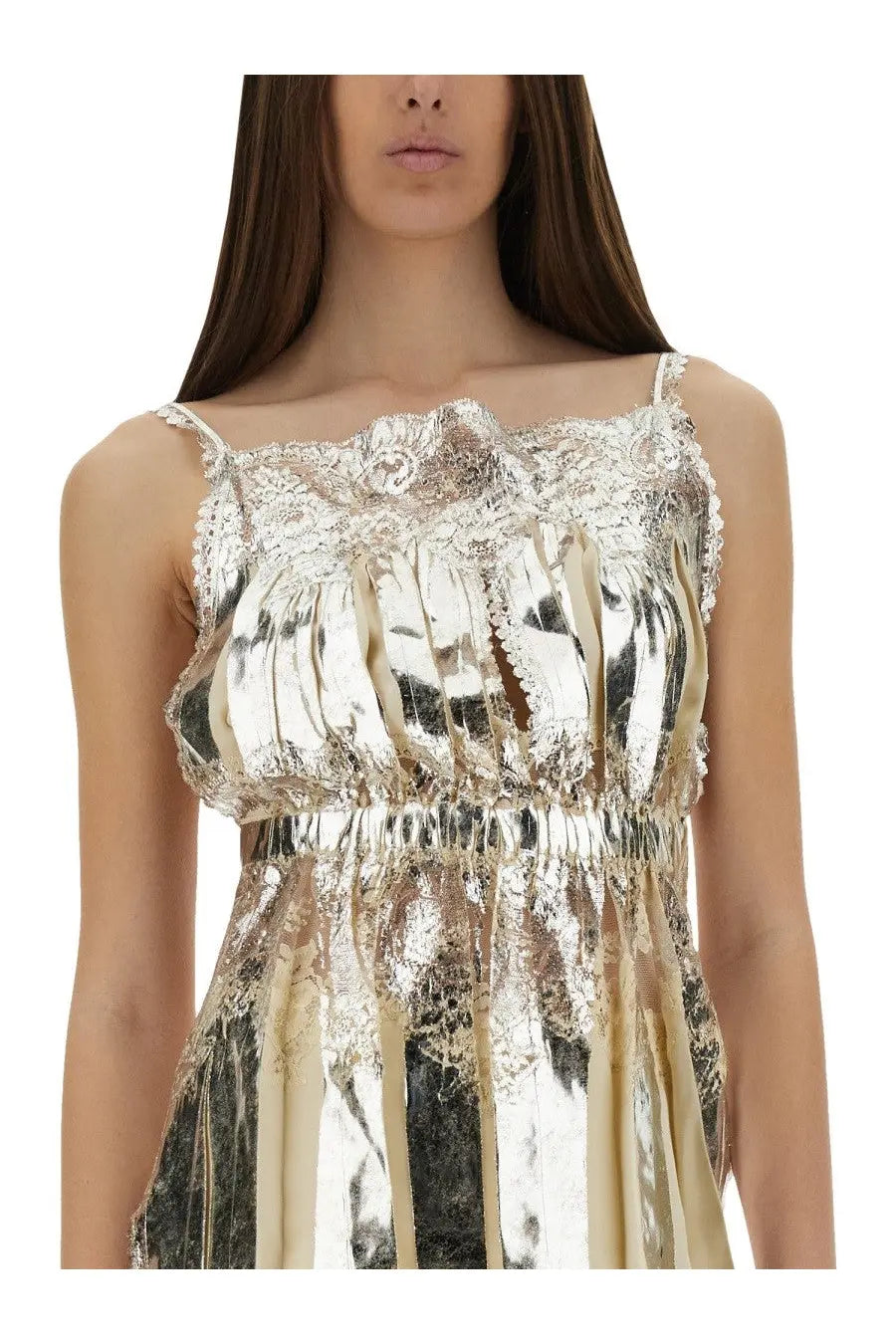 Rabanne women’s laminated pleated satin top white with shimmering silver and beige metallic lace detailing and vertical ribbons