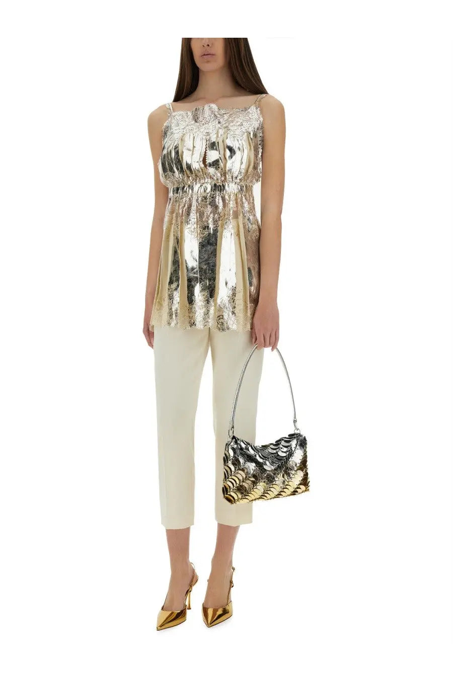 A shimmering silver and gold sequined handbag with a curved top handle for rabanne women’s laminated pleated satin top white