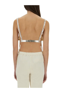 Rabanne women’s laminated pleated satin white top with a shimmering silver sequined crop design and beaded straps