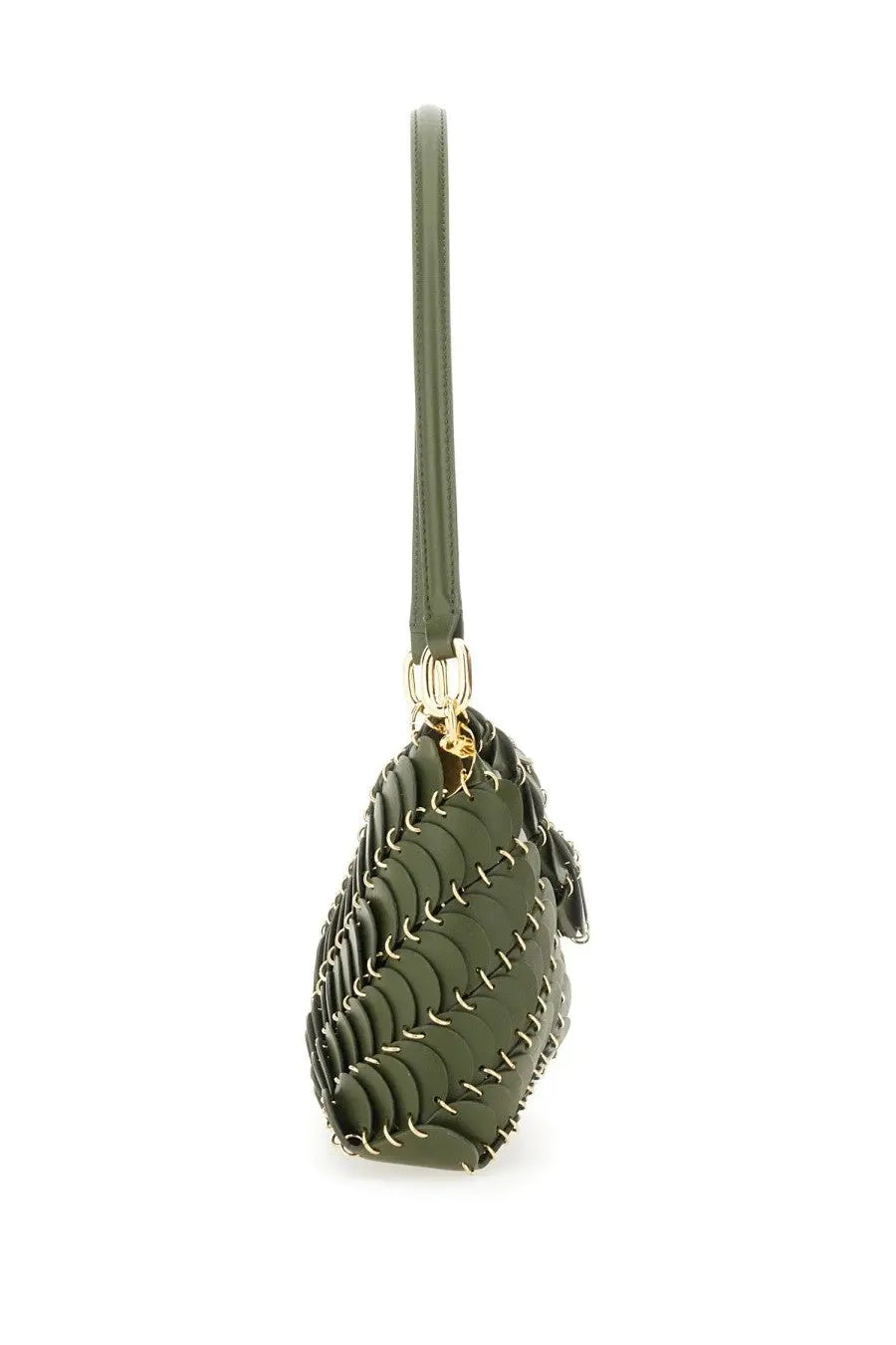 Rabanne women’s olive green leather handbag with scalloped layered design and gold tone hardware