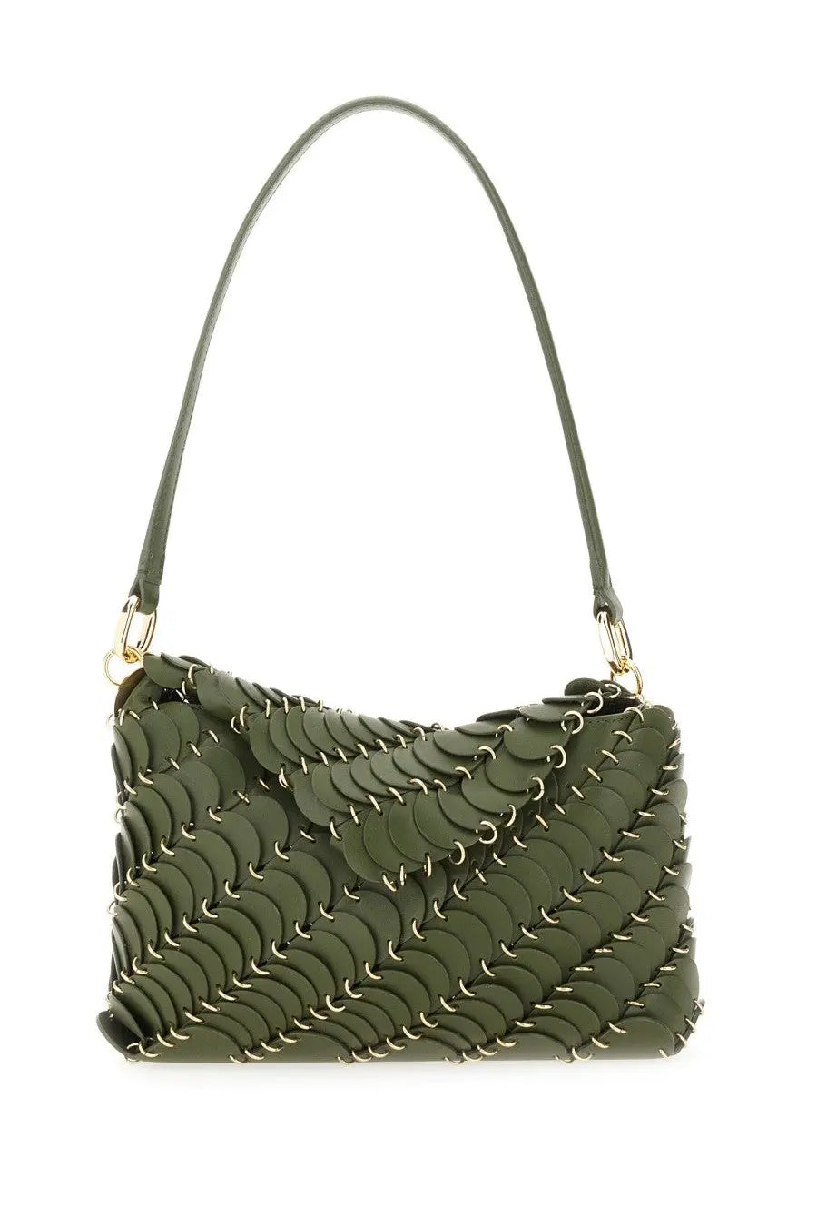 Rabanne women’s olive green leather handbag with scalloped overlapping scale design and gold-tone metal hardware