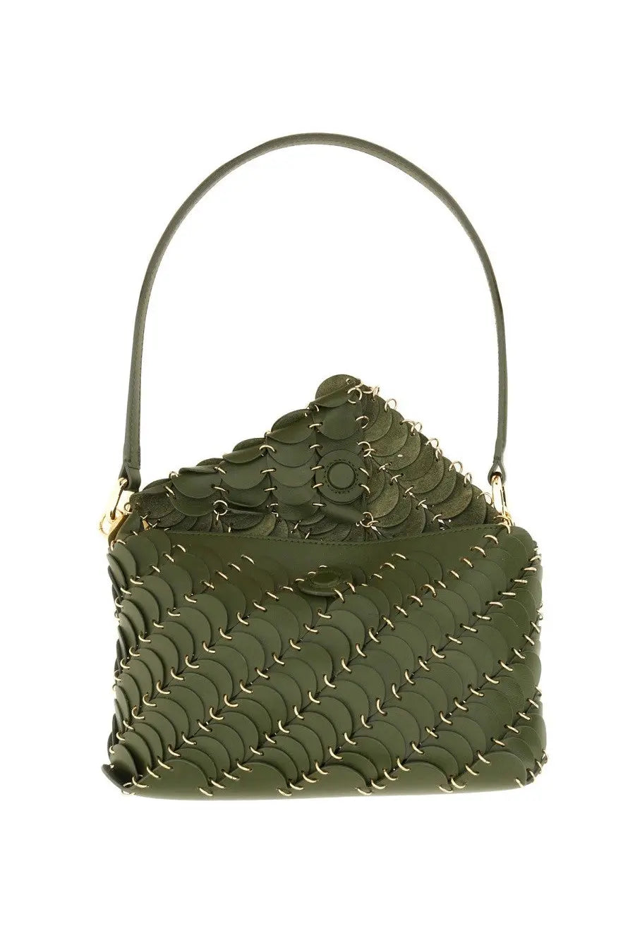 Rabanne women’s leather bag green olive with scalloped overlapping scale design and gold-tone hardware accents