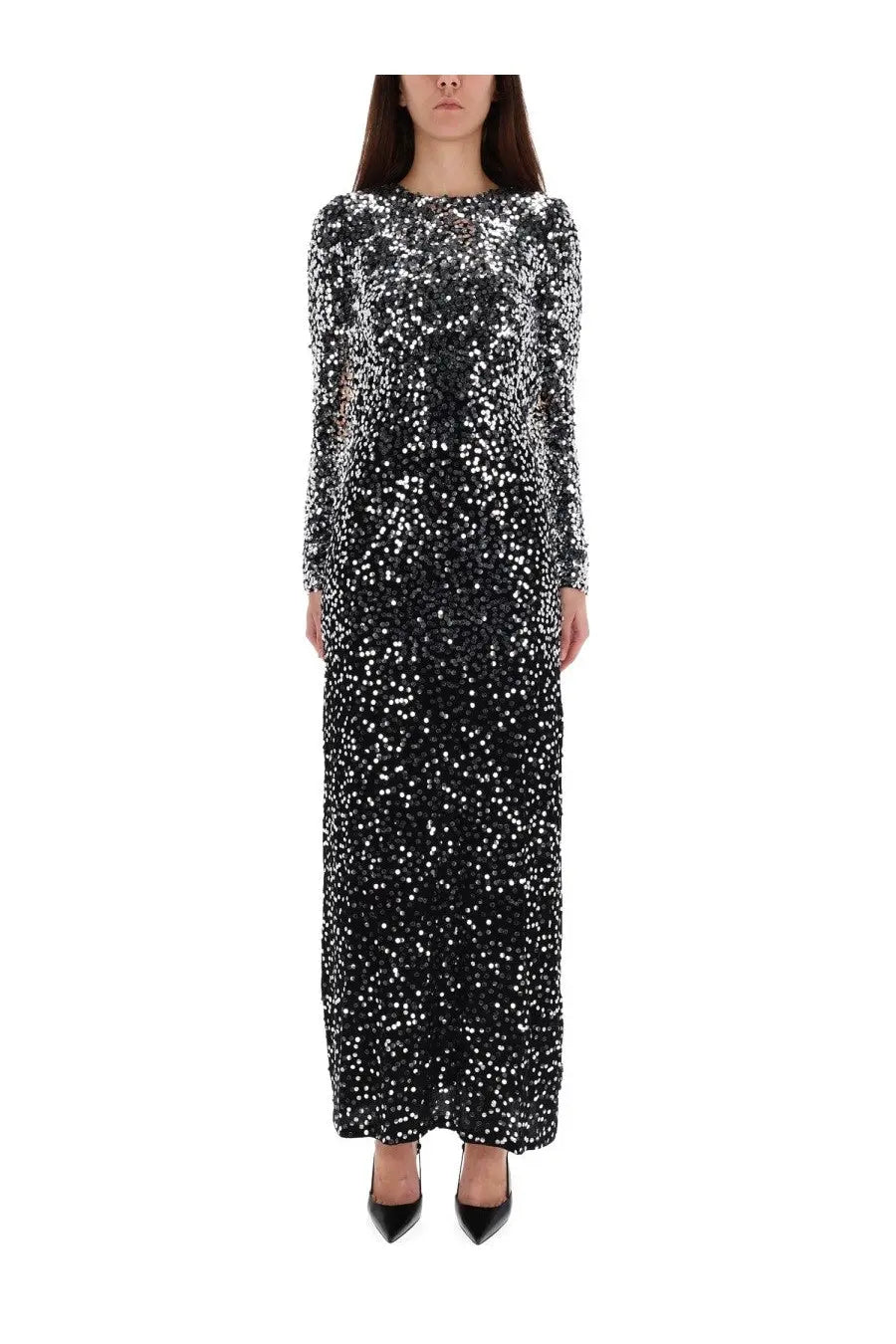 Rabanne women’s long dress black black and silver sequined long-sleeved floor-length gown