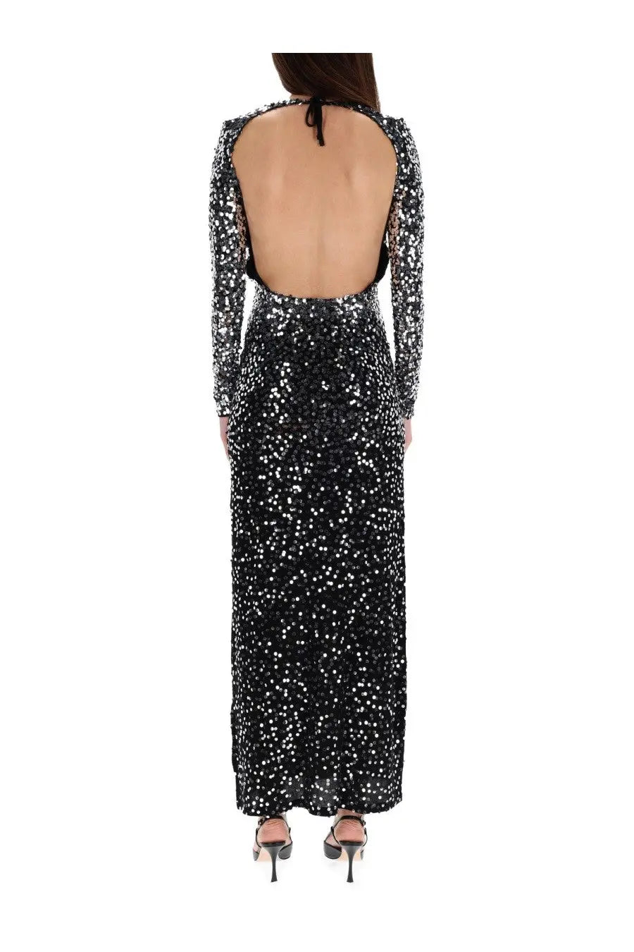 Rabanne women’s long dress black with black and silver sequins long sleeves and back tie detail showing backside