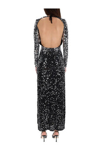 Rabanne women’s long dress black with black and silver sequins long sleeves and back tie detail showing backside