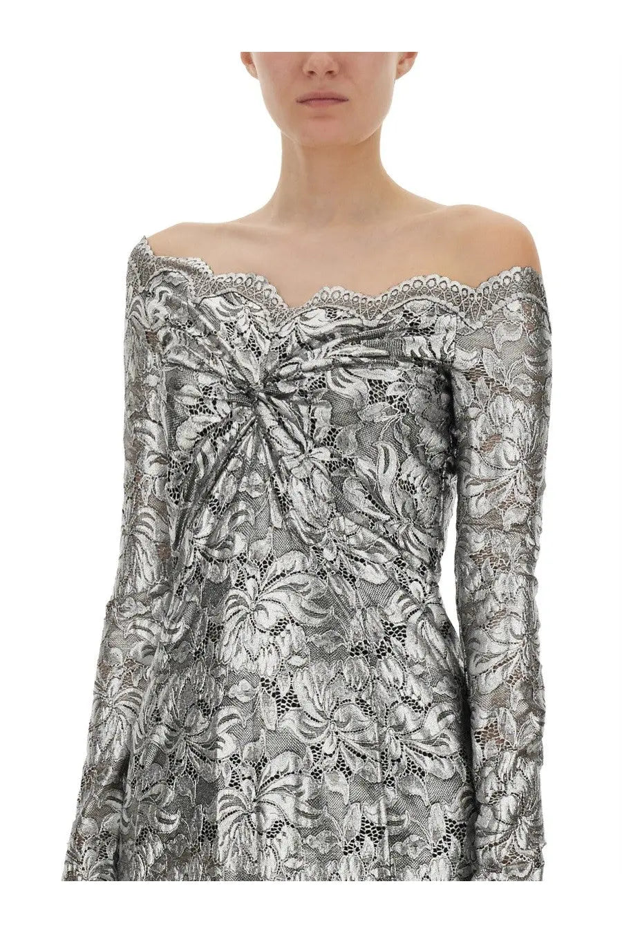 Rabanne womens long silver lace dress with floral off the shoulder design, long sleeves, and gathered bodice