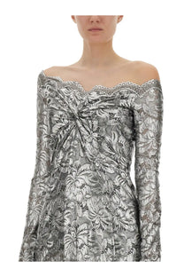 Rabanne womens long silver lace dress with floral off the shoulder design, long sleeves, and gathered bodice