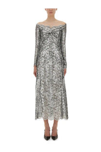 Rabanne women’s silver long lace dress with floral pattern off-the-shoulder gathered bodice and scalloped hem midi length