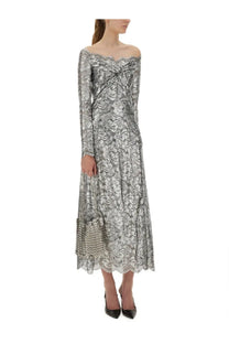 Rabanne women’s silver floral lace off-the-shoulder midi dress with beaded hem detail front view